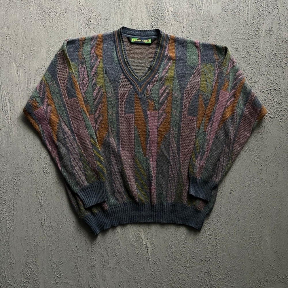 Vintage Frank‎ Alex Sweater XL 1990s Abstract V-Neck Knit Striped